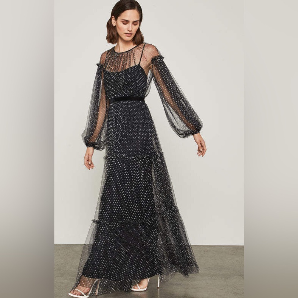 BCBGMAXAZRIA Flocked Polka Dot Mesh Gown Size 2